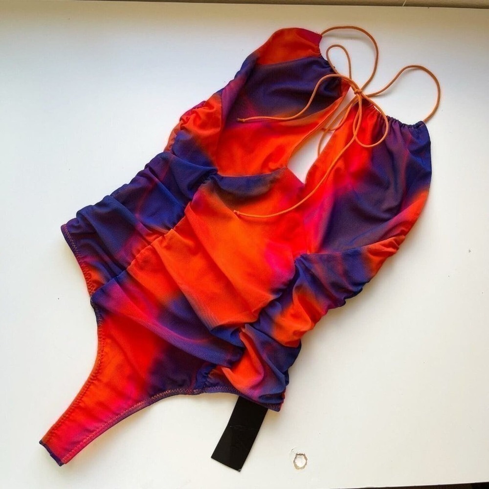 H:ours Revolve Bodysuit Lace Up Orange Blue Tie Dye Mesh Strappy Thong Top Small